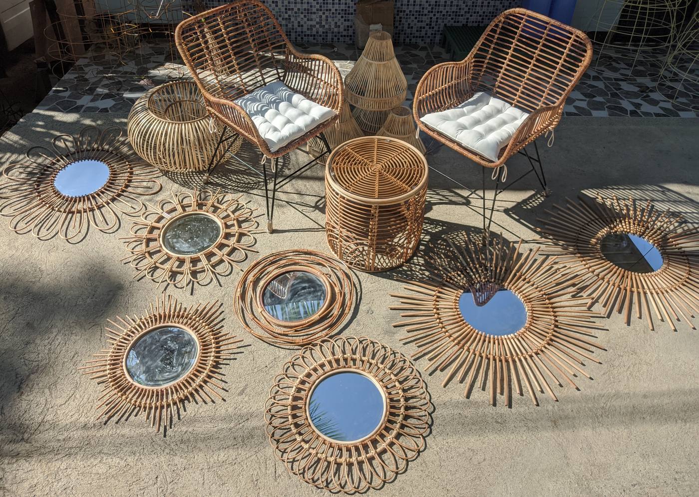 Rattan sunburst mirrors